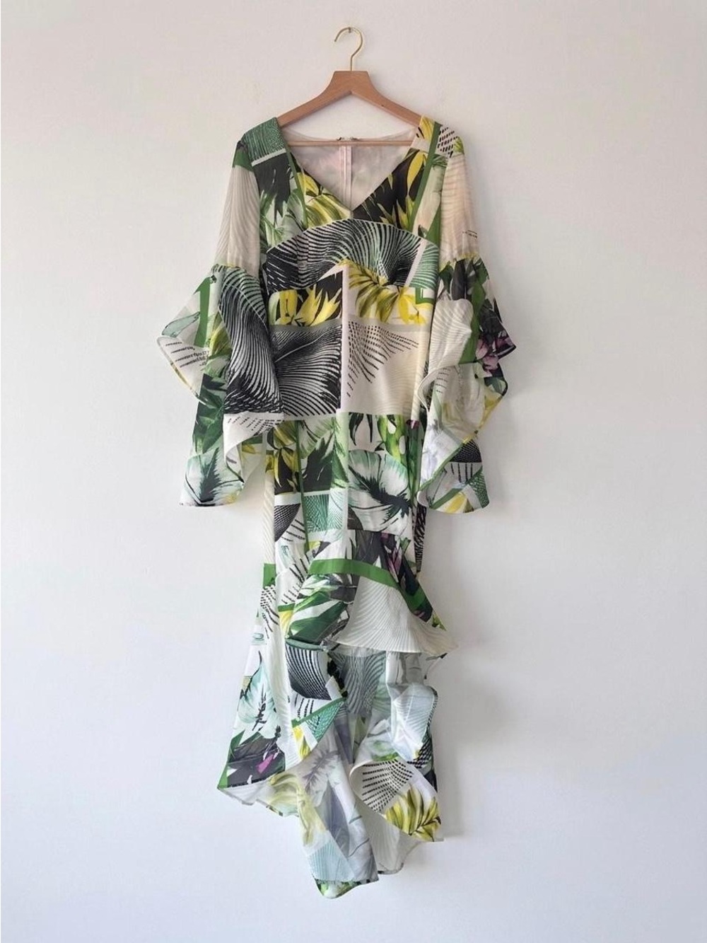 Tropical Print Ruffled Maxi Dress in Green & Yellow with Bell Sleeves